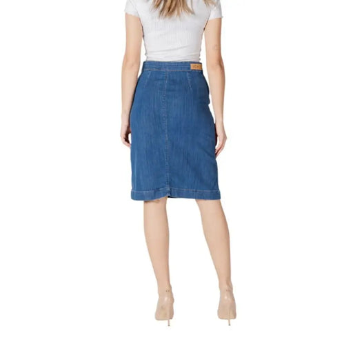 Blue denim pencil skirt with button front detail for a stylish and versatile look