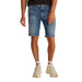 Blue denim shorts shown in a men’s casual outfit with a Men in Black T Shirt