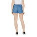 Blue denim paperbag shorts displayed in a stylish fashion product image