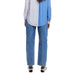 Blue denim wide-leg jeans showcased with a striped long-sleeved button-down shirt