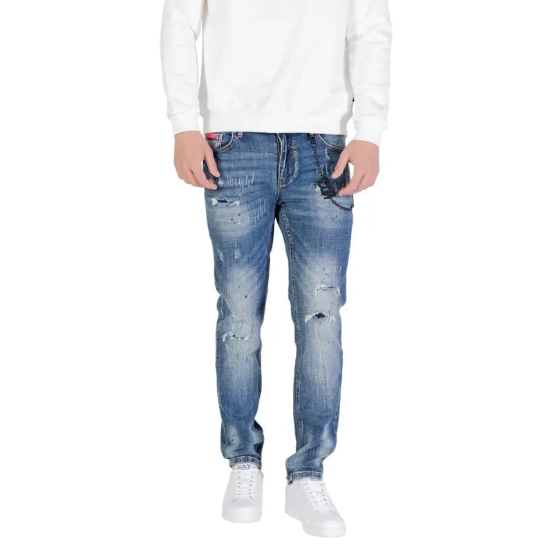 Blue distressed denim jeans with white stitching and pockets, featuring a popular brand’s signature design.