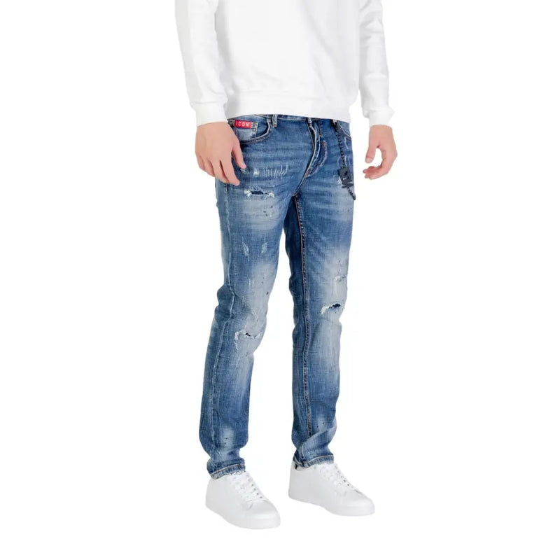 Blue distressed denim jeans with white stitching and red brand label.