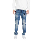 Blue distressed cotton stretch jeans for men featuring slim-fit cut with intentional rips and faded wash