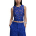 Blue floral lace top and pants set displayed for elegant fashion style
