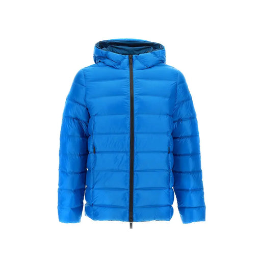 Blue hooded puffer jacket suitable for cold weather and winter outdoor activities