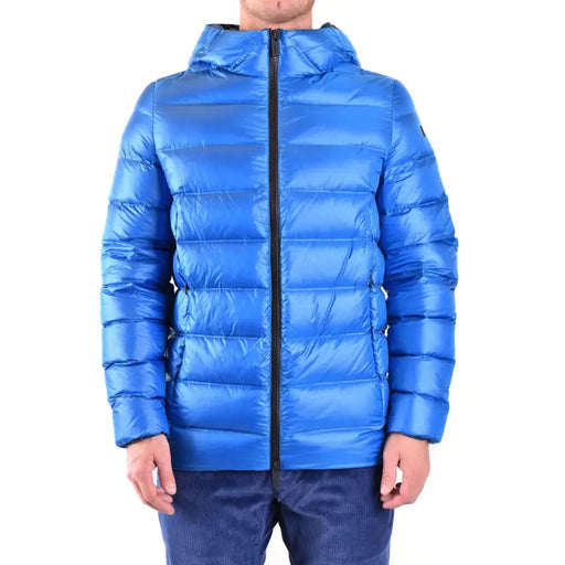 Blue hooded puffer jacket displayed on a mannequin showcasing winter outerwear style