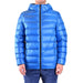 Blue hooded puffer jacket displayed on a mannequin showcasing winter outerwear style