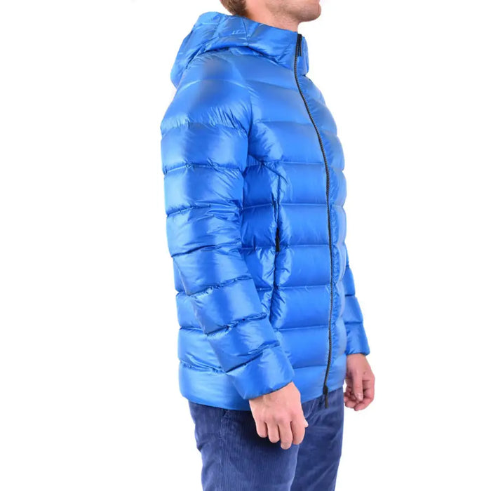Blue hooded puffer jacket displayed in a product image for outdoor winterwear