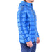 Blue hooded puffer jacket displayed in a product image for outdoor winterwear
