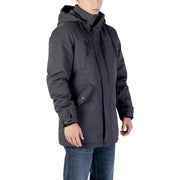 Charcoal gray hooded jacket with water-resistant material and adjustable drawstring hem.