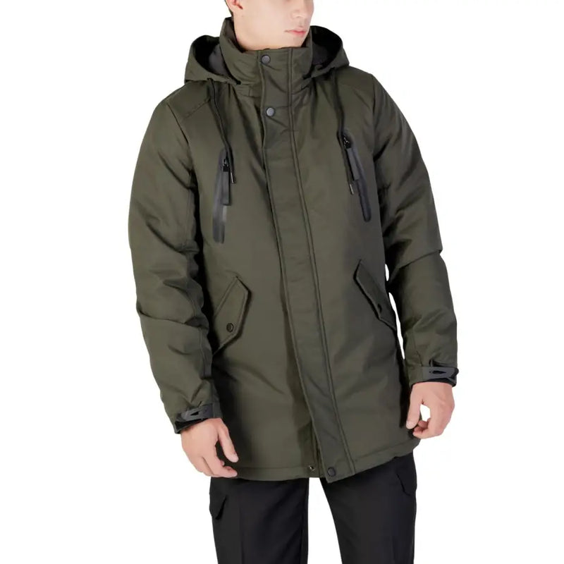 Olive green parka with hood and multiple pockets, likely made of nylon or polyester.