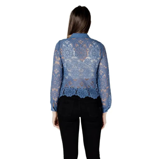Blue lace button down shirt displayed, showcasing elegant and stylish design