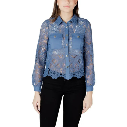 Blue lace button-down shirt displayed in a product picture