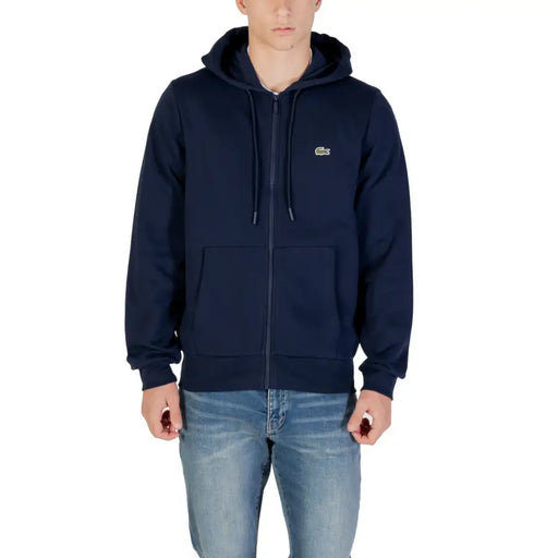 Men’s navy blue Lacoste zip-up hoodie with drawstring hood front pockets and embroidered logo