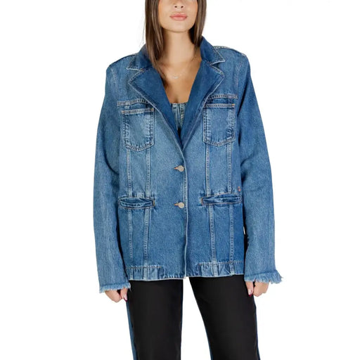 Blue long sleeve denim blazer for women with frayed cuffs, button closures, and front pockets