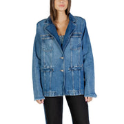 Blue long sleeve denim blazer for women with frayed cuffs, button closures, and front pockets