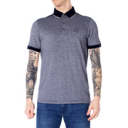 Blue marl cotton polo shirt by Armani Exchange with gray heathered fabric black collar and embroidered chest logo