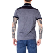 Charcoal gray polo shirt with black accents and white piping, made of cotton.