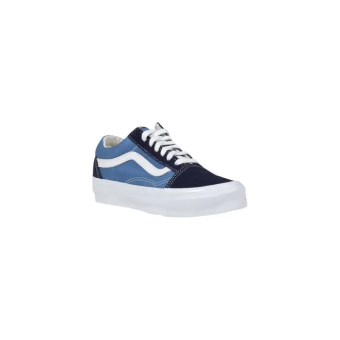 Blue and navy Vans sneaker displayed in a product image