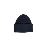 A navy blue polyester women’s cap with ribbed texture and folded cuff suitable for fall and winter wear