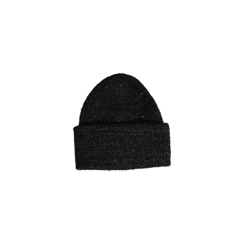 Black knit beanie with ribbed cuff and shimmer, blue polyester fall winter cap
