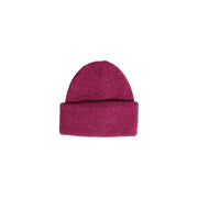 Ribbed magenta knit beanie with folded cuff, blue polyester womens fall winter cap