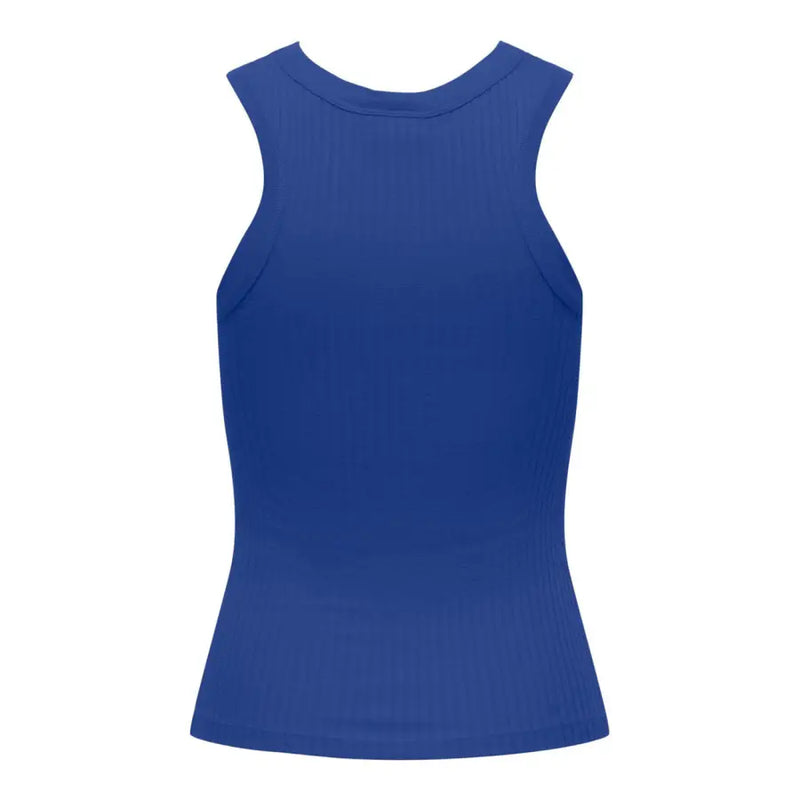 A vibrant royal blue ribbed knit sleeveless tank top with a rounded neckline for casual wear
