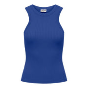 A royal blue ribbed sleeveless tank top with a round neckline and jdy brand tag at the collar