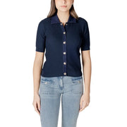 Chemise boutonnée à manches courtes en maille texturée bleu marine top par Morgan De Toi