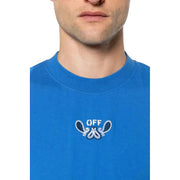 Blue short-sleeved Off-white t-shirt featuring a crewneck and white black embroidered paisley design with off text