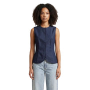 Navy blue sleeveless button front cotton blend gilet with fitted silhouette and subtle pleats at the waist