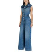Blue sleeveless denim jumpsuit by Colcci with button-front design, front pockets, and wide-leg cut