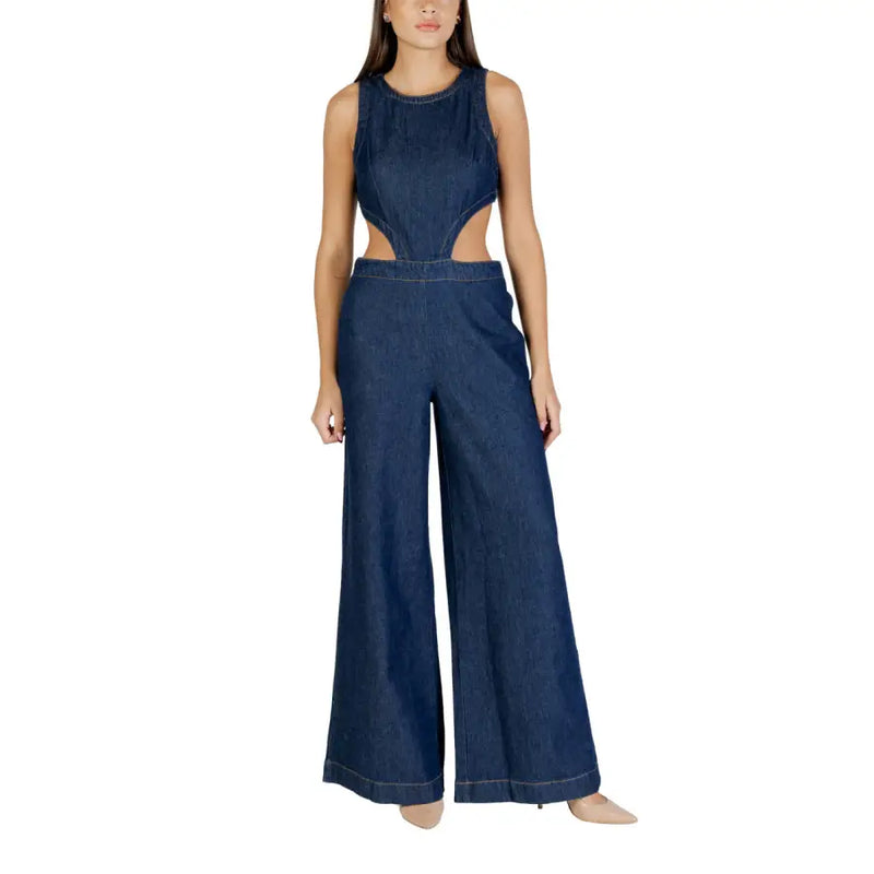Navy blue sleeveless denim jumpsuit with cut-out sides wide-leg pants zip and round neck design