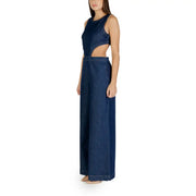 A navy blue denim sleeveless jumpsuit with cut-out sides wide-leg pants zip and round neck design