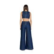 A navy blue denim two-piece set with cropped top and wide-leg pants featuring visible stitching details