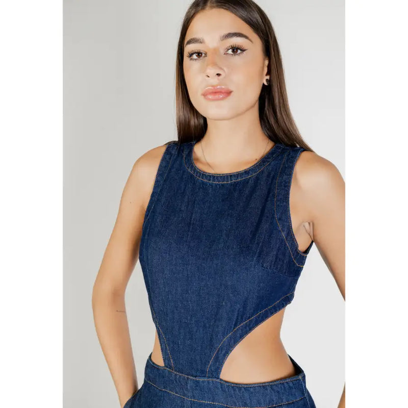 A stylish navy blue denim sleeveless top with fitted cut and side-cutout details shown from the back side