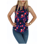 A navy blue sleeveless top featuring a playful red and black abstract pattern for casual wear