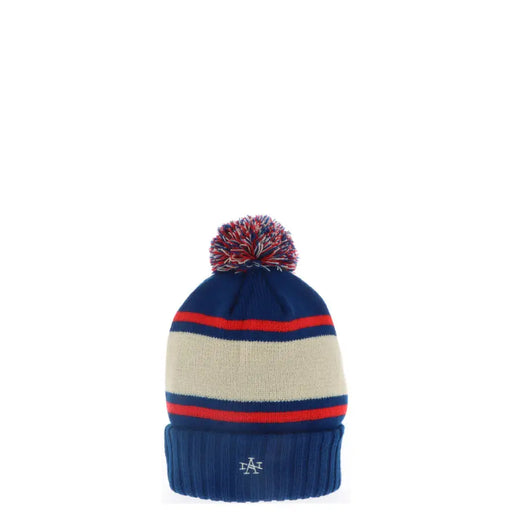 Navy blue acrylic knit beanie with cream and red stripes and a multicolored pom-pom by American Needle
