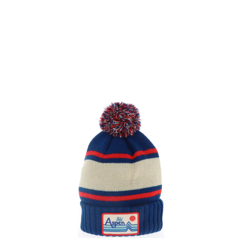 Navy blue and cream striped acrylic knit beanie with red accents and a multicolored pom-pom by American Needle