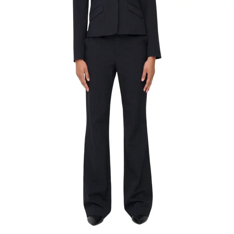 Black pinstripe flared trousers with tailored fit for women