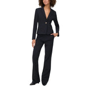 Black tailored blazer with gold button and pinstripes for fall trousers