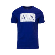 Blue T shirt featuring a prominent white AX logo displayed for product viewing
