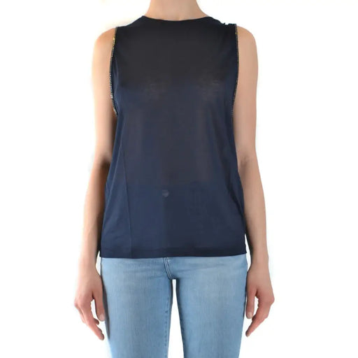 Navy blue viscose sleeveless tank top for women by Dondup with sheer fabric and gold chain detailing on shoulder seams