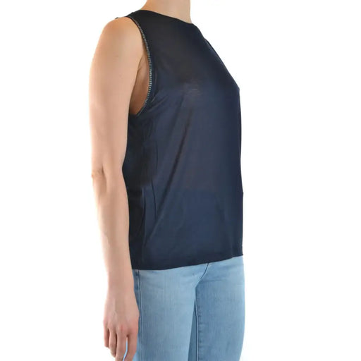 Black sleeveless top by Dondup featuring sheer lightweight fabric and decorative chain trim along the shoulder seam