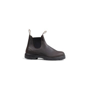 Bottes Blundstone pour homme en cuir marron, modèle Chelsea en cuir marron foncé et semelle en caoutchouc noir, idéales pour l'automne et l'hiver.