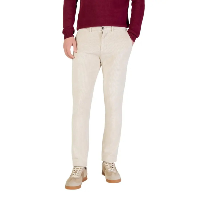 Borghese Pantalon homme en velours côtelé crème à fines côtes verticales et coupe droite classique