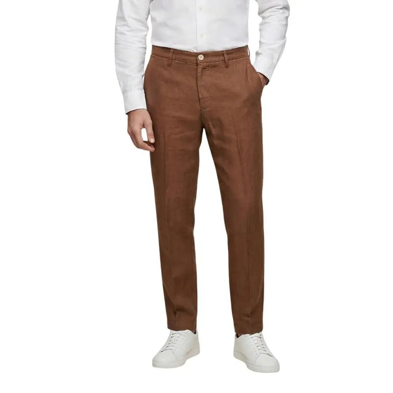 Pantalon chino marron camel pour homme Borghese, 100 % lin, coupe classique avec plis discrets, idéal pour le printemps et l'été.