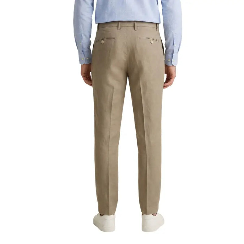 Borghese Pantalon homme camel 100% lin kaki, coupe droite classique et plis discrets sur le devant