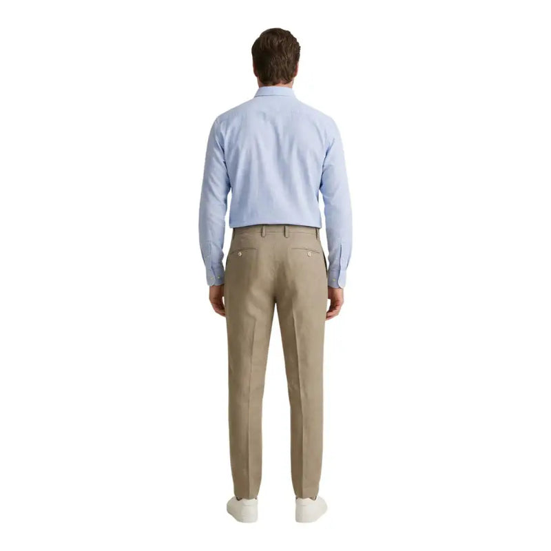 Pantalon homme beige Borghese, coupe camel ajustée, surpiqûres discrètes, 100 % lin, idéal printemps-été.