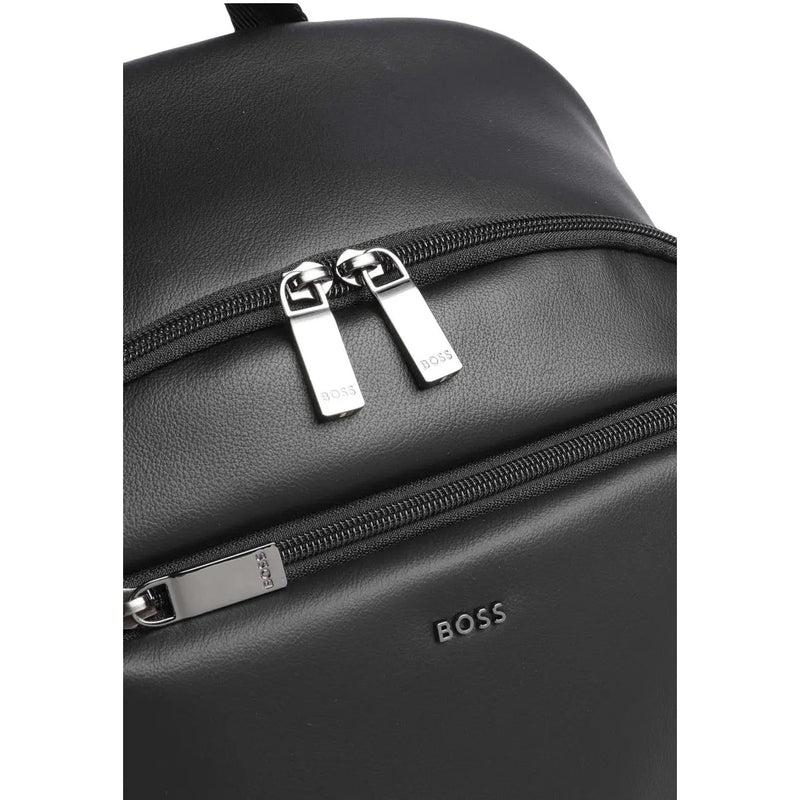 Sac à dos Boss Jace pour homme en cuir noir avec fermetures éclair argentées et logo Boss sur le panneau avant, vue de face